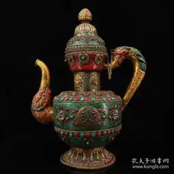 尼泊尔收老纯铜纯手工打造镶嵌宝石彩绘描金茶壶