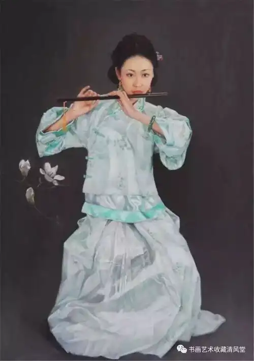 中国油画风吹过花含苞淑女窈窕