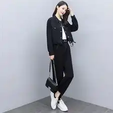 2023春秋季新款女装复古牛仔短外套高腰显瘦阔腿裤少女感套装