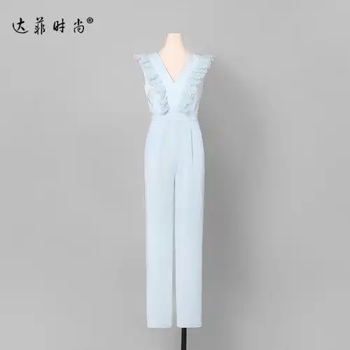 2018夏装新款欧美名媛时尚连体裤蕾丝荷叶边九分显瘦v领无袖女