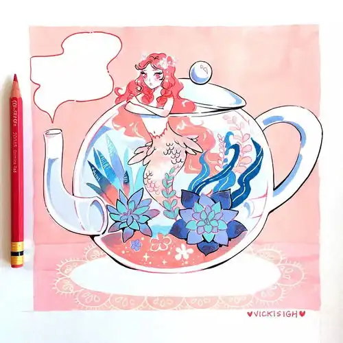插画小巫女和美人鱼都是甜甜的女孩