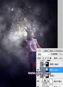 photoshop打造梦幻的暗紫色树林人物图片
