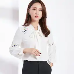 施悦名2019春装新款飘带蝴蝶结刺绣绣花气质淑女雪纺衫衬衫女图片大全邮乐官方网站