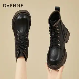 达芙妮daphne气质方头粗跟短靴女冬气质通勤时装靴黑色单里36