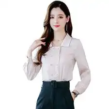 2020春装新款衬衫女小翻领气质双排扣长袖时尚显瘦百搭衬衫女