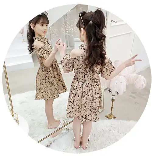 2019夏季新款韩版女童中大童个性满身碎花露肩连衣裙潮