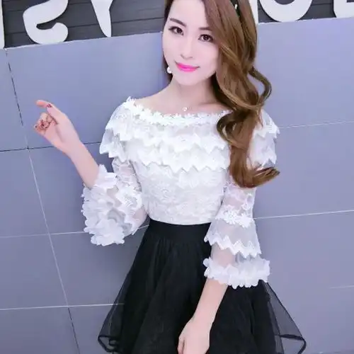 超仙甜美秋装气质重工花朵修身镂空蕾丝衫粉色女装春季打底衫上衣
