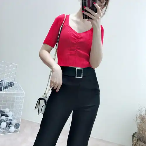 施悦名2019春镶钻方扣隐形侧拉链气质显瘦烟管裤西装裤子女