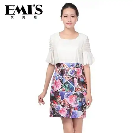 emis艾美斯2014夏季新款女装韩版修身淑女气质印花拼接短袖连衣裙52250图片大全邮乐官方网站