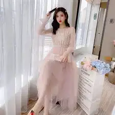 8464早春新款气质女神范亮片网纱连衣裙女中长款喇叭袖淑女裙