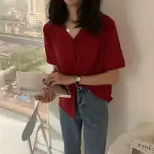 实拍实价控352019新款韩范简洁随性宽松chic上衣复古短袖衬衫女