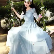 2014夏新裙子女公主范蕾丝拼接仙女蓬蓬长裙修身绣花短袖连衣裙
