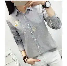 2018新款秋季小清新卡通刺绣条纹翻领长袖衬衫女韩版打底衬衣