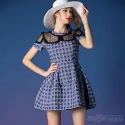 批发2015夏季女装欧洲站新款纱网拼接连衣裙气质修身千鸟格女裙