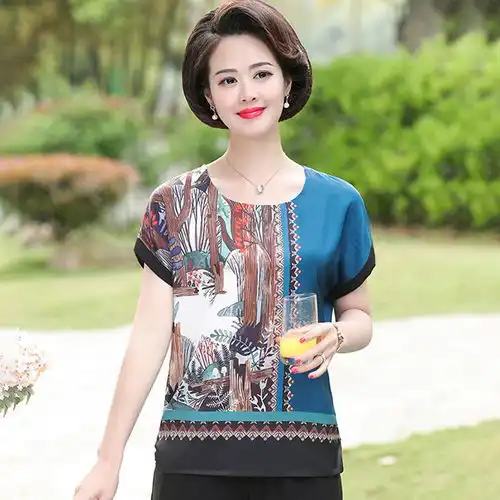 夏季冰丝中老年女装复古印花t恤宽松大码中年小衫妈妈装短袖上衣