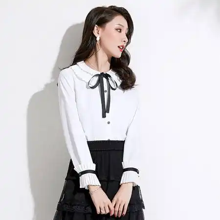 施悦名娃娃领衬衫女2020春季新品精品女装甜美淑女纯色减龄长袖雪纺衬衣a