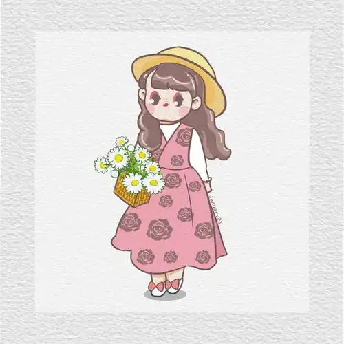 儿童插画,手拿鲜花的小女孩,可可爱爱