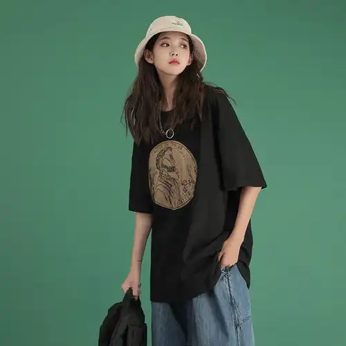 含棉夏季新款ins宽松款短袖t恤男女韩版学生印花慵懒风大码女装潮