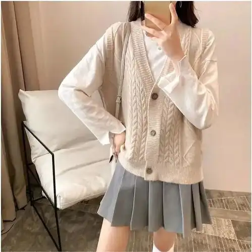秋季新款韩版毛线开衫马甲女宽松外穿v领背心针织上衣坎肩马夹