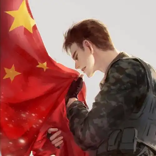 求动漫图片,好像是一个穿着军绿色服装的年轻男性抱着一面五星红旗