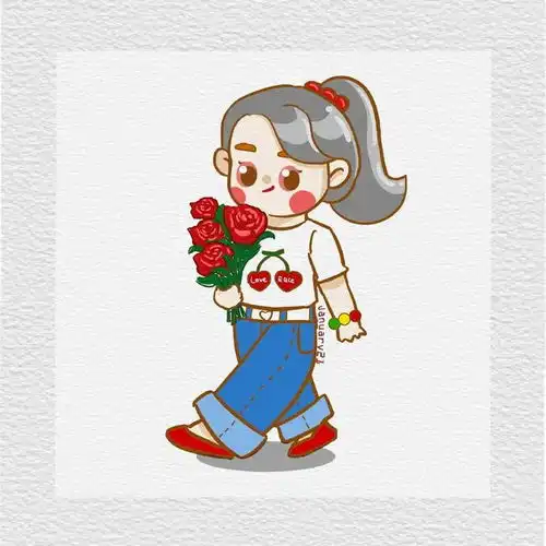 儿童插画,手拿鲜花的小女孩,可可爱爱