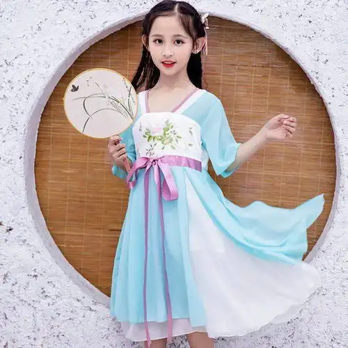 汉服女童夏装中国风连衣裙儿童襦裙超仙短袖古装小女孩改良唐装夏