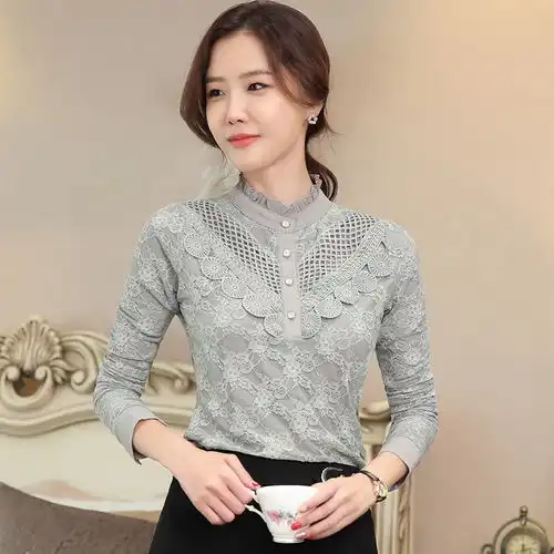 香菲丽莎长袖打底衫女2020秋装新款女装上衣立领长袖蕾丝衫女