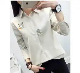 2018新款秋季小清新卡通刺绣条纹翻领长袖衬衫女韩版打底衬衣