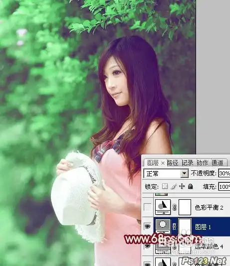 怎样用ps调出树林美女图片甜美的青绿色