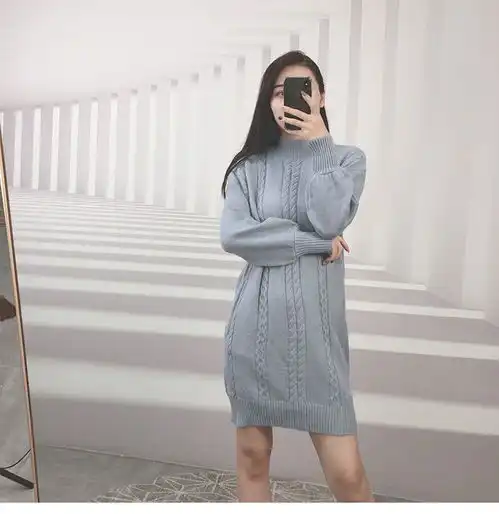 怡蓝毛衣女2019新款女装长袖韩版中长款宽松打底衫秋冬上衣针织连衣裙