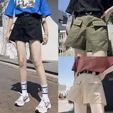 工装短裤女夏宽松直筒bf风嘻哈港风ins潮运动五分裤c9379