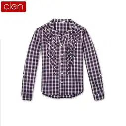 clen格子控格纹女装撕边修身圆领纯棉长袖衬衫