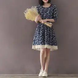 夏季新款典雅文艺复古棉麻纯棉宽松大码碎花连衣裙女蕾丝边裙摆安昵森林女装