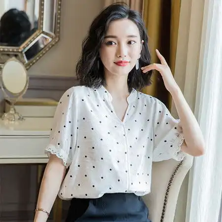 施悦名条纹衬衫女短袖宽松韩范2019夏装新款女装宽松大码v领雪纺上衣潮