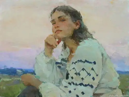 海外油画美女海风清听