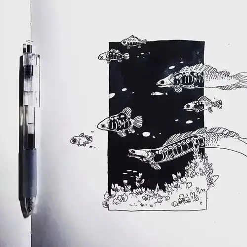 女生与海意境黑白插画大气磅礴的气势美呆了