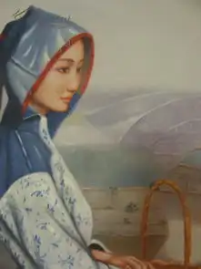 师大出未署名重漆油画江南女子,拱桥隐隐在烟雨中,少女披戴头巾,提着竹篮,娴雅婉约还有一点点忧郁,将女子之风韵展露极致