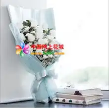 大连中山区网上花店商品内容11支白玫瑰白色小雏菊搭配配花根据季节不同会做调换天蓝色高档皱纹纸扇形包装外围一层同色雪花纱
