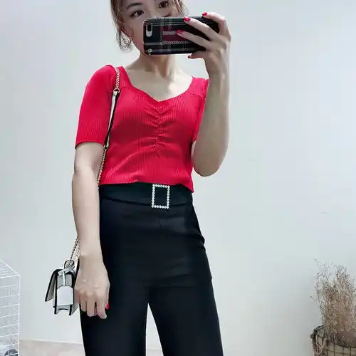施悦名2019春镶钻方扣隐形侧拉链气质显瘦烟管裤西装裤子女