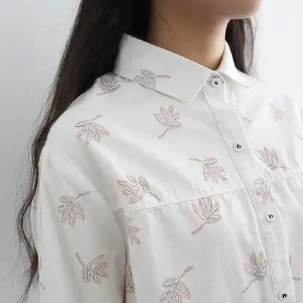 金大班手绘叶子印花日系文艺长袖衬衫翻领百搭纯棉衬衣女上衣