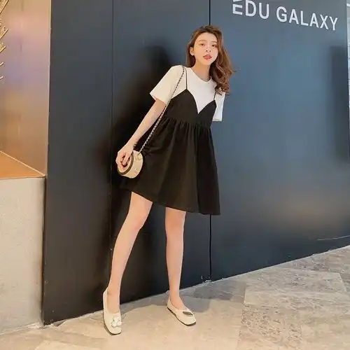 2020新款连衣裙女大码女装胖妹妹夏装遮肚胖女人假两件减龄娃娃裙