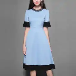 2018夏装新款女装欧美时尚简约圆领袖撞色拼接修身大摆连衣裙