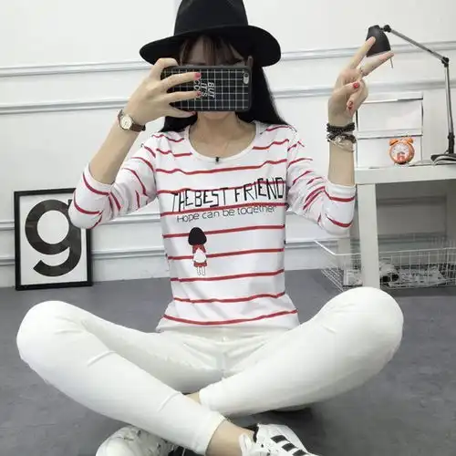 长袖t恤女大码女装2018春季条纹宽松体恤女士春装新款打底衫