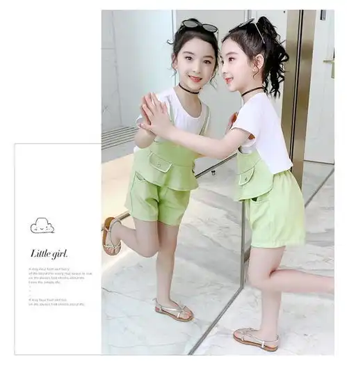易蓓儿女童夏装2020新款洋气儿童套装潮小清新中大童短袖时髦纯棉两件套