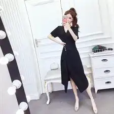 高档女装名媛气质连衣裙夏2020新款v领法式收腰显瘦不规则连衣裙