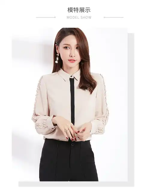 施悦名2019春装新品时尚气质精致淡雅纯色拼接木耳边雪纺女士衬衫