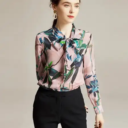 施悦名2020春季新款女装欧美大牌印花真丝衬衫女系带长袖上衣衬衣a