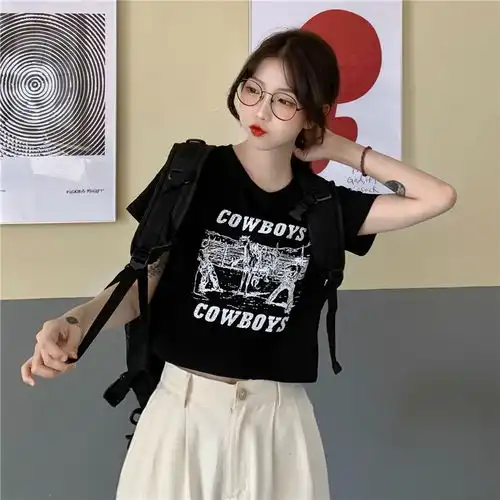 施悦名复古印花短款短袖t恤女2021夏装新款韩版设计感少女修身学生上衣