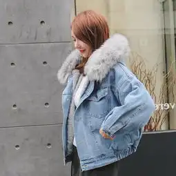 牛仔百搭气质时尚长袖口袋顺女简约甜美2018年冬季棉衣棉服加厚