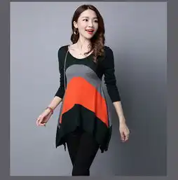 r秋冬新款女式针织衫长袖圆领套头中长款修身拼色百搭打底女装